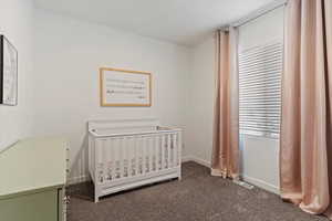 Carpeted bedroom featuring a nursery area