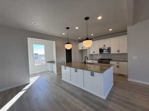 Kitchen featuring appliances with stainless steel finishes, sink, pendant lighting, white cabinetry, and an island with sink