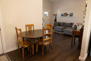 Dining area with dark hardwood / wood-style flooring