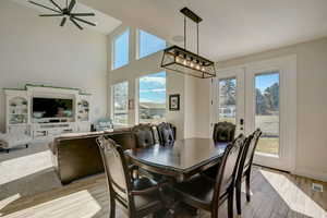 Dining area with light hardwood / wood-style flooring, ceiling fan, and plenty of natural light