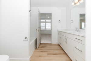 Bathroom with vanity, toilet, wood-type flooring, and a washtub