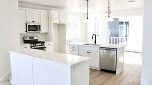 Kitchen with white cabinets, appliances with stainless steel finishes, a kitchen island with sink, and sink