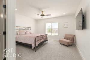 Carpeted bedroom #5 featuring ceiling fan