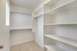 Walk in closet featuring light colored carpet