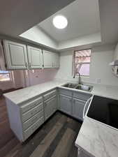 Kitchen with gray cabinetry, sink, dark hardwood / wood-style flooring, kitchen peninsula, and a tray ceiling