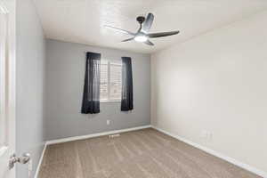 Unfurnished room featuring carpet, a textured ceiling, and ceiling fan