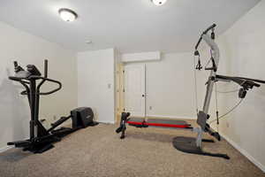 Workout room with carpet and a textured ceiling