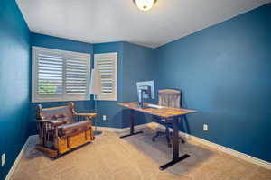 Carpeted home office with a textured ceiling