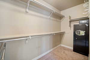 Walk in closet with light colored carpet