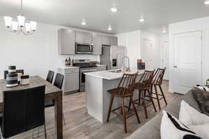 Kitchen with appliances with stainless steel finishes, gray cabinets, an inviting chandelier, and hanging light fixtures