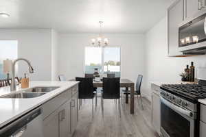 Kitchen with gray cabinetry, sink, stainless steel appliances, a chandelier, and decorative light fixtures