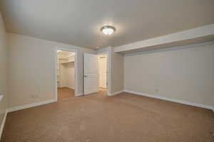 Unfurnished bedroom featuring light colored carpet, a spacious closet, and a closet