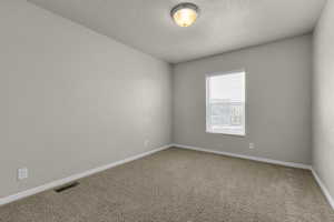 Carpeted empty room featuring a textured ceiling