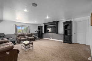 Living room with light colored carpet