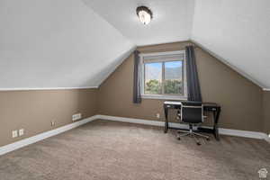 Unfurnished office with lofted ceiling, carpet floors, and a textured ceiling