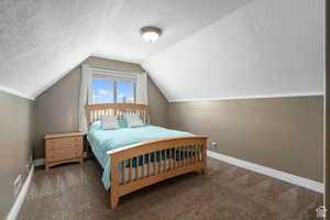 Bedroom featuring vaulted ceiling, dark carpet, and a textured ceiling