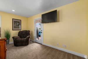 Sitting room featuring carpet floors