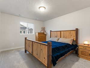 Carpeted bedroom featuring a textured ceiling