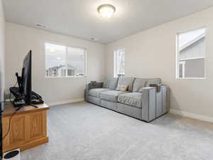 Living room featuring carpet flooring and a textured ceiling