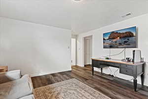 Interior space with dark hardwood / wood-style floors and a textured ceiling