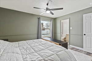 Bedroom with ensuite bath, ceiling fan, light hardwood / wood-style floors, and a textured ceiling