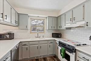 Kitchen featuring gray cabinetry, dishwasher, electric stove, sink, and dark hardwood / wood-style flooring