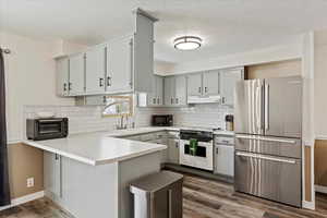 Kitchen featuring sink, dark hardwood / wood-style floors, tasteful backsplash, kitchen peninsula, and stainless steel appliances