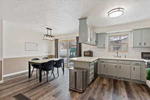 Kitchen featuring tasteful backsplash, sink, decorative light fixtures, dishwasher, and gray cabinets