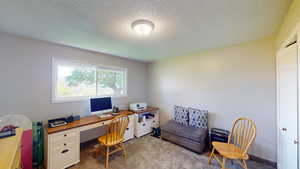 Carpeted office featuring a textured ceiling