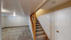 Interior space featuring a textured ceiling and carpet floors