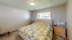 Bedroom with a textured ceiling and dark colored carpet