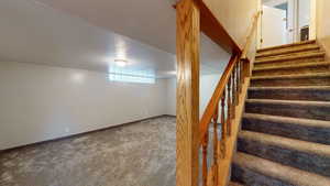 Stairs with carpet floors and a textured ceiling