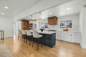 Kitchen featuring pendant lighting, light wood-type flooring, white cabinetry, and an island with sink