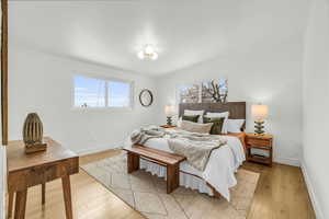 Bedroom with light hardwood / wood-style flooring