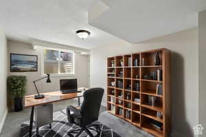 View of carpeted home office