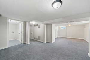 Basement with carpet flooring and a textured ceiling