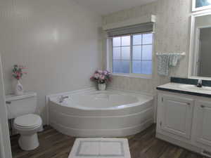 Master Bathroom featuring hardwood / wood-style floors, vanity, a tub to relax in, and toilet