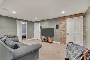 Living room with light carpet