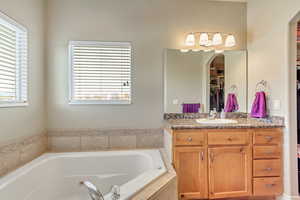 Bathroom with vanity, a wealth of natural light, and tiled bath