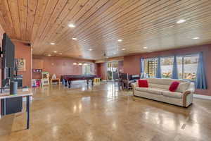 Recreation room featuring wood ceiling and billiards