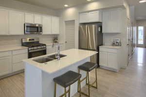 Kitchen with stainless steel appliances, white cabinetry, a kitchen island with sink, and sink