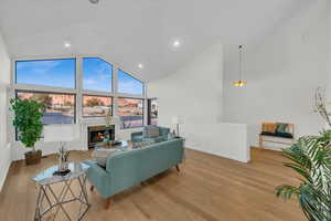 Living room with light hardwood / wood-style floors and high vaulted ceiling