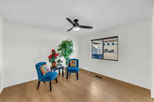 Living area featuring wood-type flooring and ceiling fan