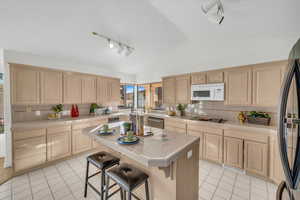 Kitchen with dishwasher, a center island, tasteful backsplash, tile countertops, and refrigerator