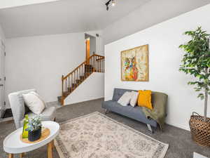 Carpeted living room with vaulted ceiling and rail lighting