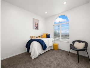 Bedroom with dark colored carpet