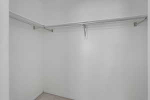 Walk in closet with light colored carpet