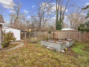 View of yard with raised veggie beds