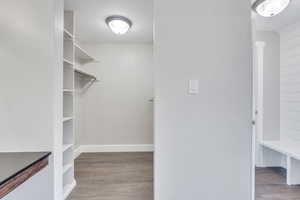 Walk in closet with light wood-type flooring