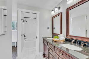 Bathroom featuring vanity and shower / washtub combination